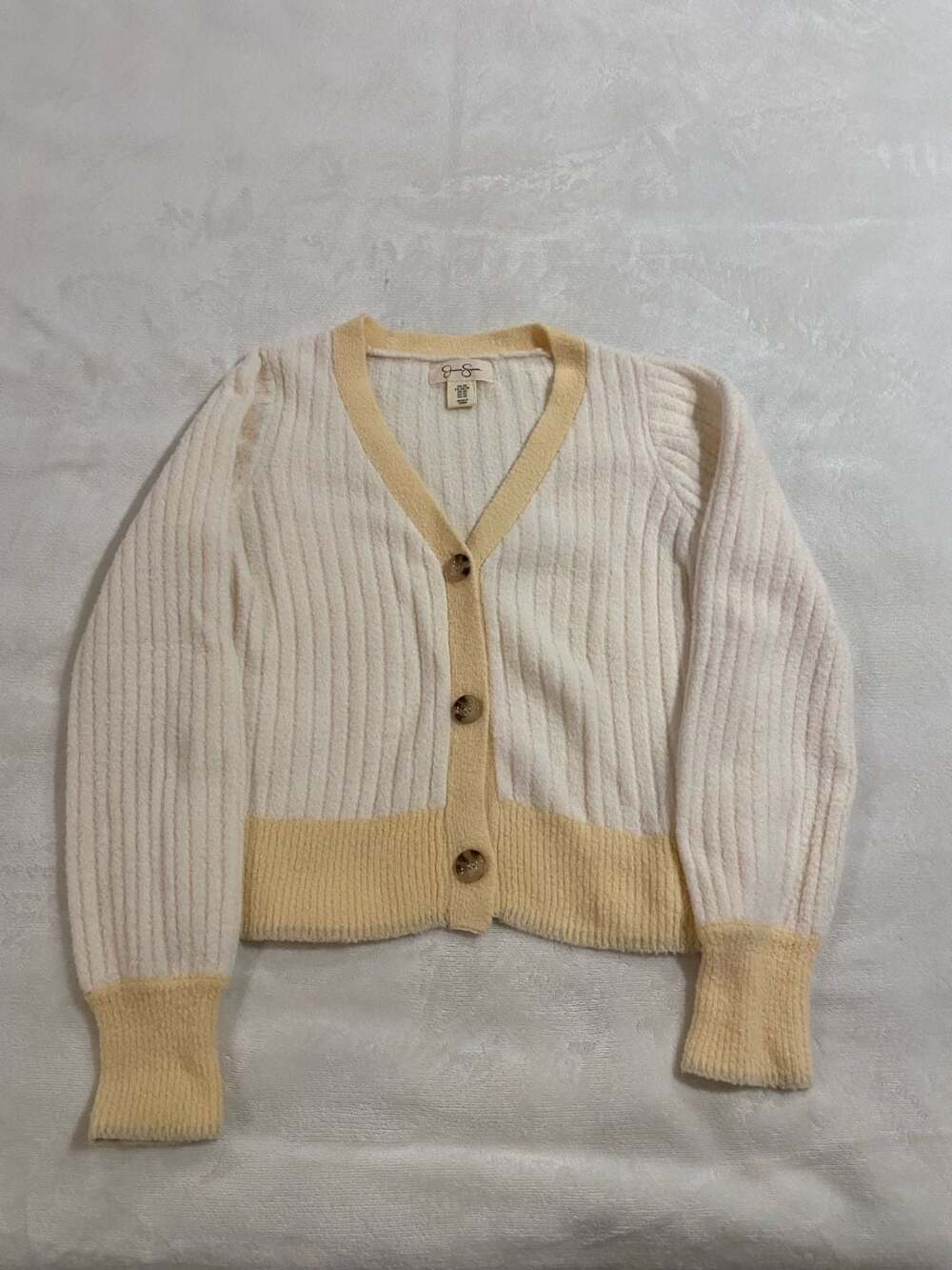 Jessica Simpson Ribbed Knit Button-Up Cardigan in Cream and Yellow